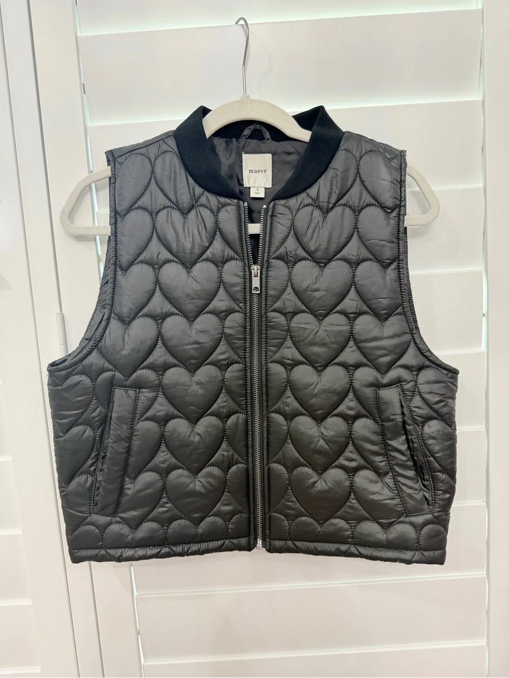 Maeve Black Quilted Heart-Pattern Zip Vest